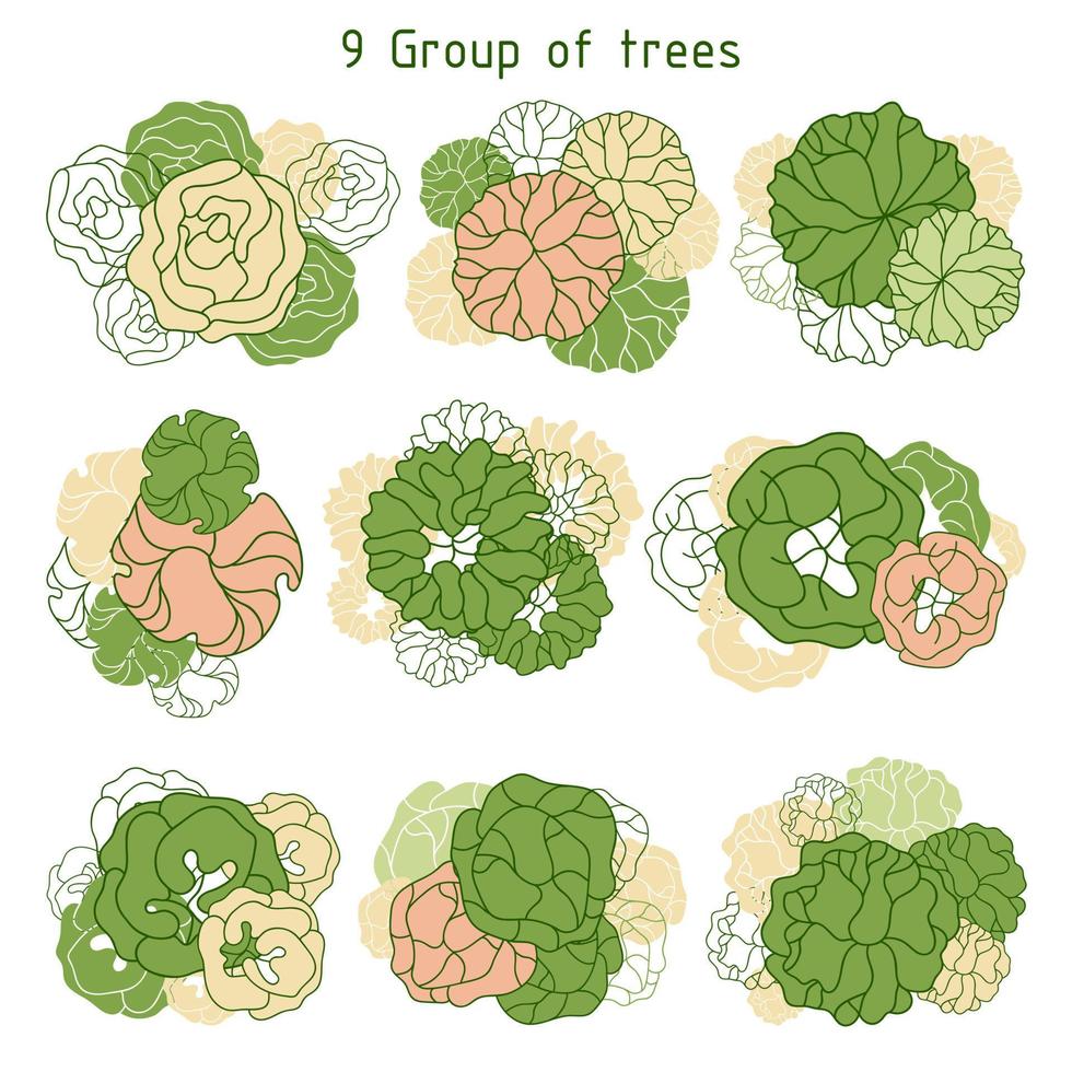 árvore para plantas arquitetônicas. projeto de comitiva. várias árvores, arbustos e arbustos, vista superior para o plano de projeto paisagístico. vetor