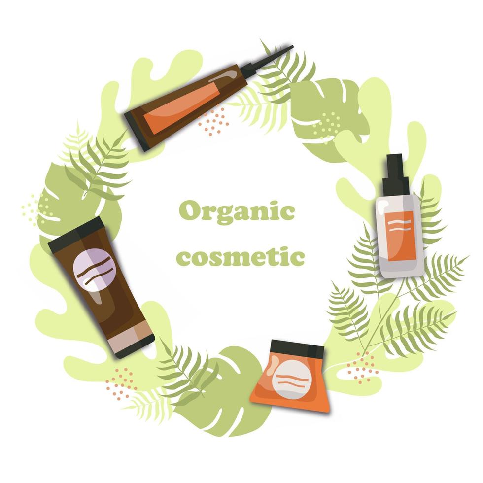 cosmético orgânico. conjunto de um produto de cuidados com a pele. ecologicamente correto. floresça coroas de louros. vetor