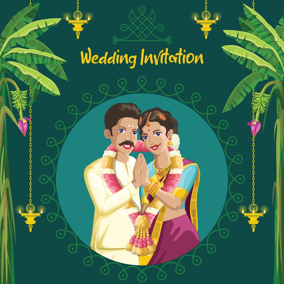 convite de casamento tamil indiano noiva e noivo em pose de boas-vindas sorridente vetor