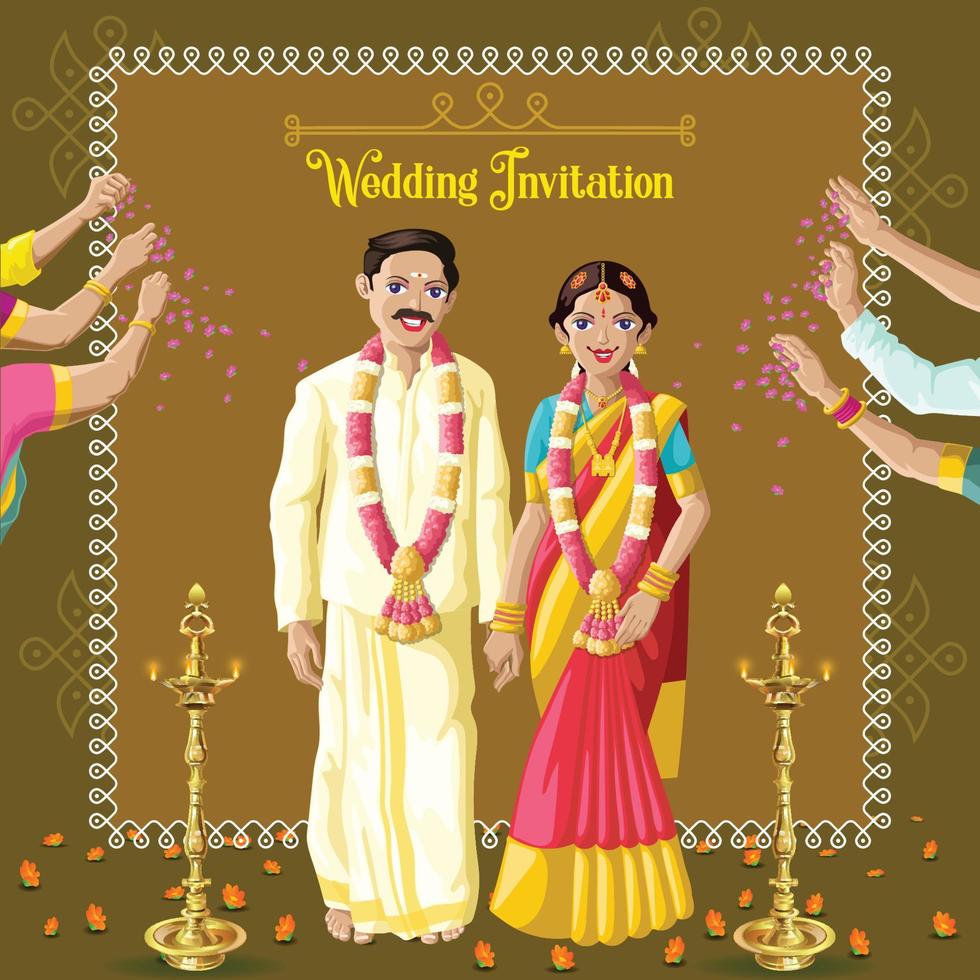 convite de casamento tamil indiano noiva e noivo recebendo bênção dos anciãos vetor