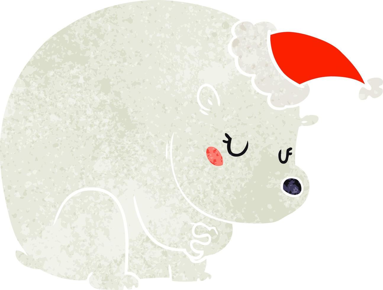 bonito desenho retrô de um urso polar usando chapéu de papai noel vetor