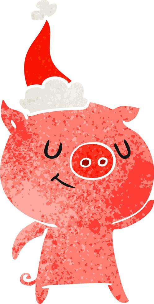 feliz desenho retrô de um porco usando chapéu de papai noel vetor