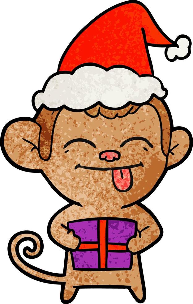 engraçado desenho texturizado de um macaco com presente de natal usando chapéu de papai noel vetor