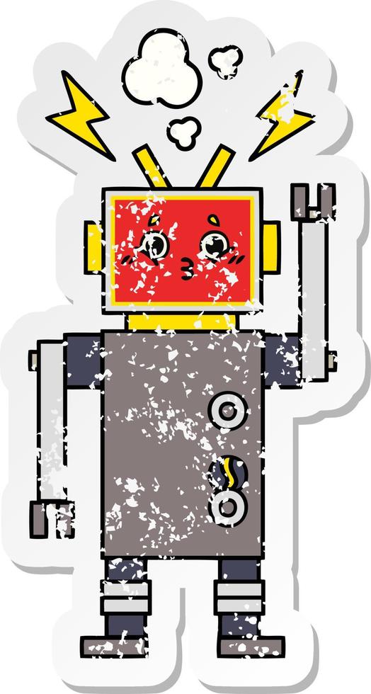 adesivo angustiado de um defeito de robô de desenho animado bonito vetor