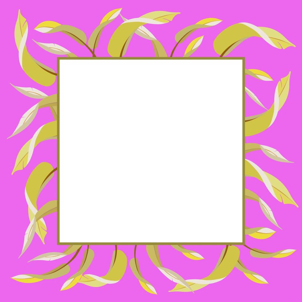 vector frame quadrado brilhante com folhas de bananeira no fundo rosa.