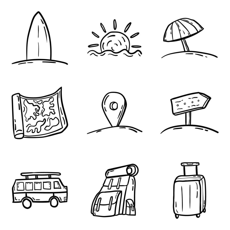 praia de férias e modelo de design de conjunto de ícones de ilustração vetorial lineart de viagens com estilo doodle desenhado à mão vetor