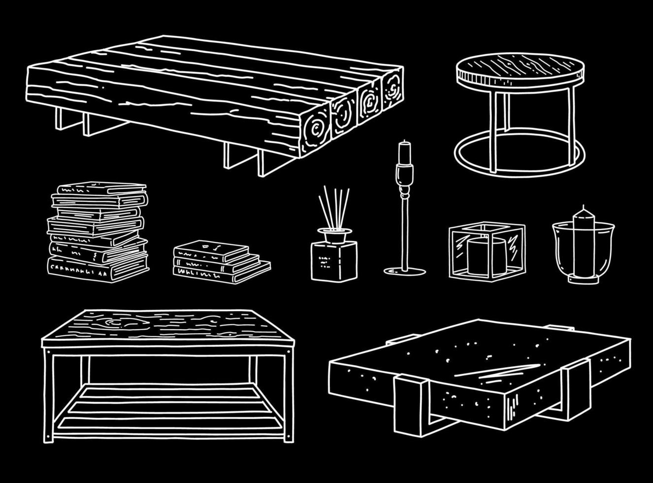 vetor de móveis definido com mesa, livro e vela. detalhes e decoração de interiores industriais. ilustração de esboço de linha.