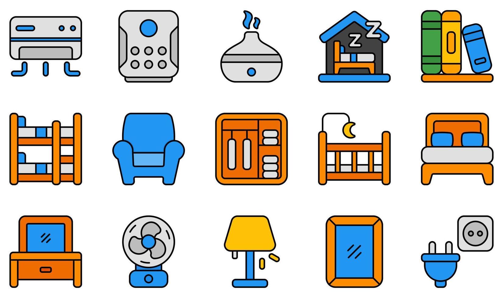 conjunto de ícones vetoriais relacionados ao quarto. contém ícones como quarto, livro, beliche, armário, cadeira, cômoda e muito mais. vetor