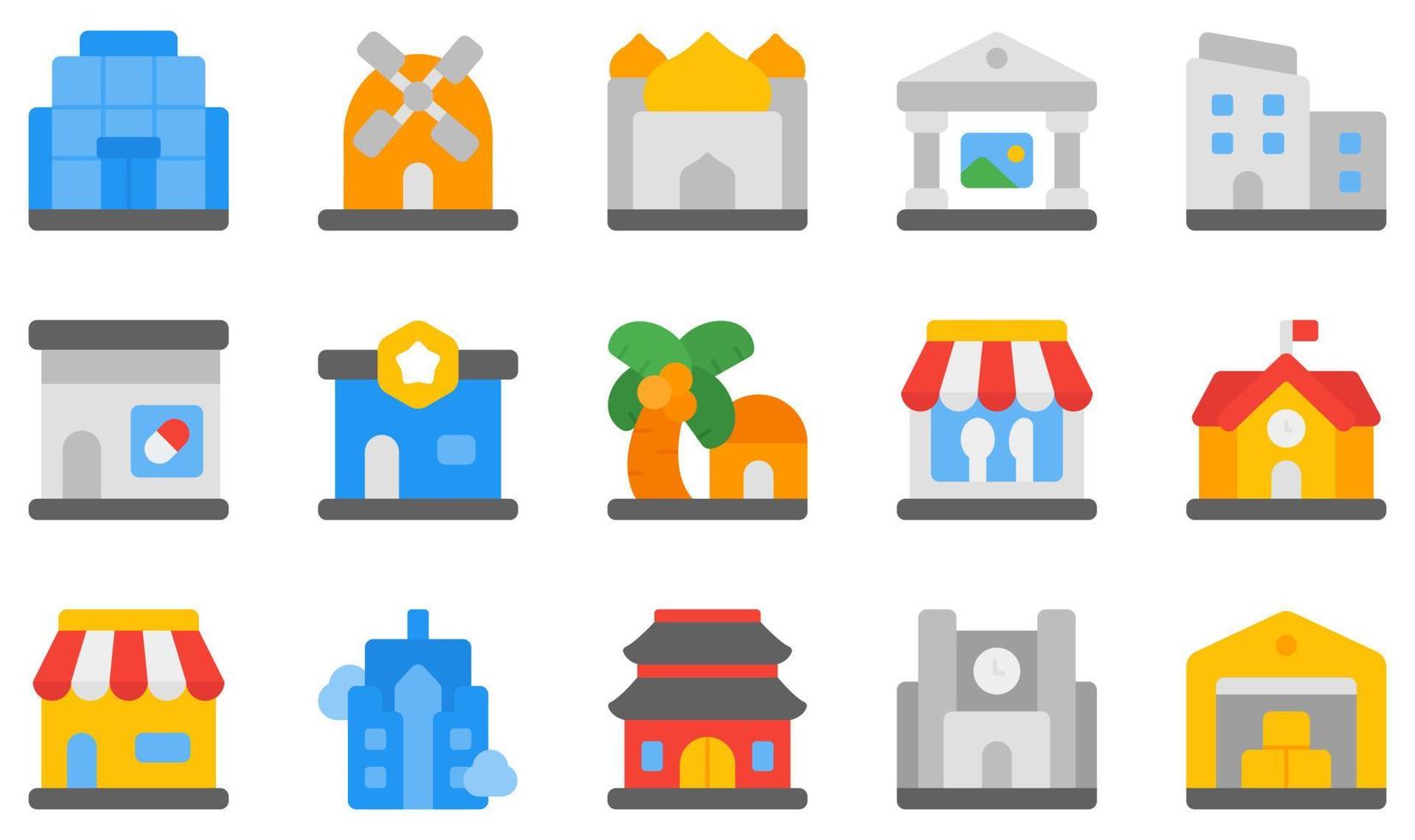 conjunto de ícones vetoriais relacionados a edifícios. contém ícones como shopping, moinho, mesquita, museu, escritório, farmácia e muito mais. vetor