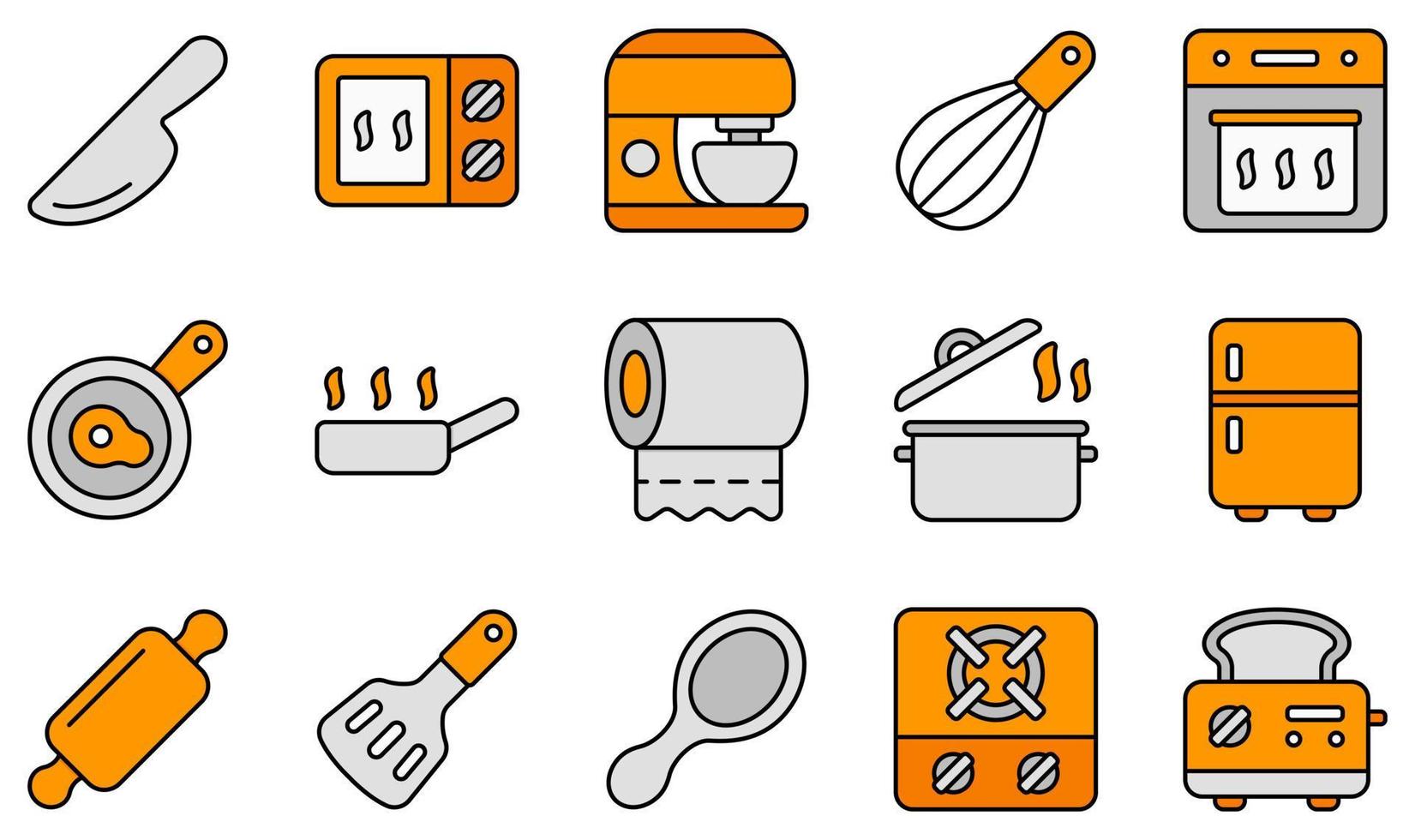 conjunto de ícones vetoriais relacionados à cozinha. contém ícones como faca, microondas, batedeira, forno, panela, toalhas de papel e muito mais. vetor