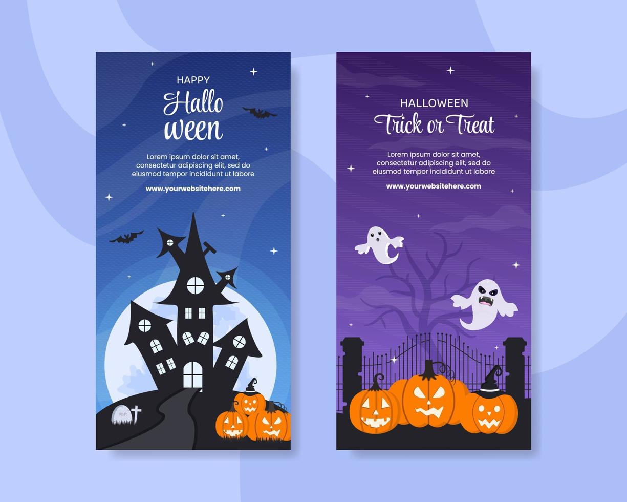 modelo de banner vertical de festa à noite de halloween ilustração plana de desenhos animados desenhados à mão vetor