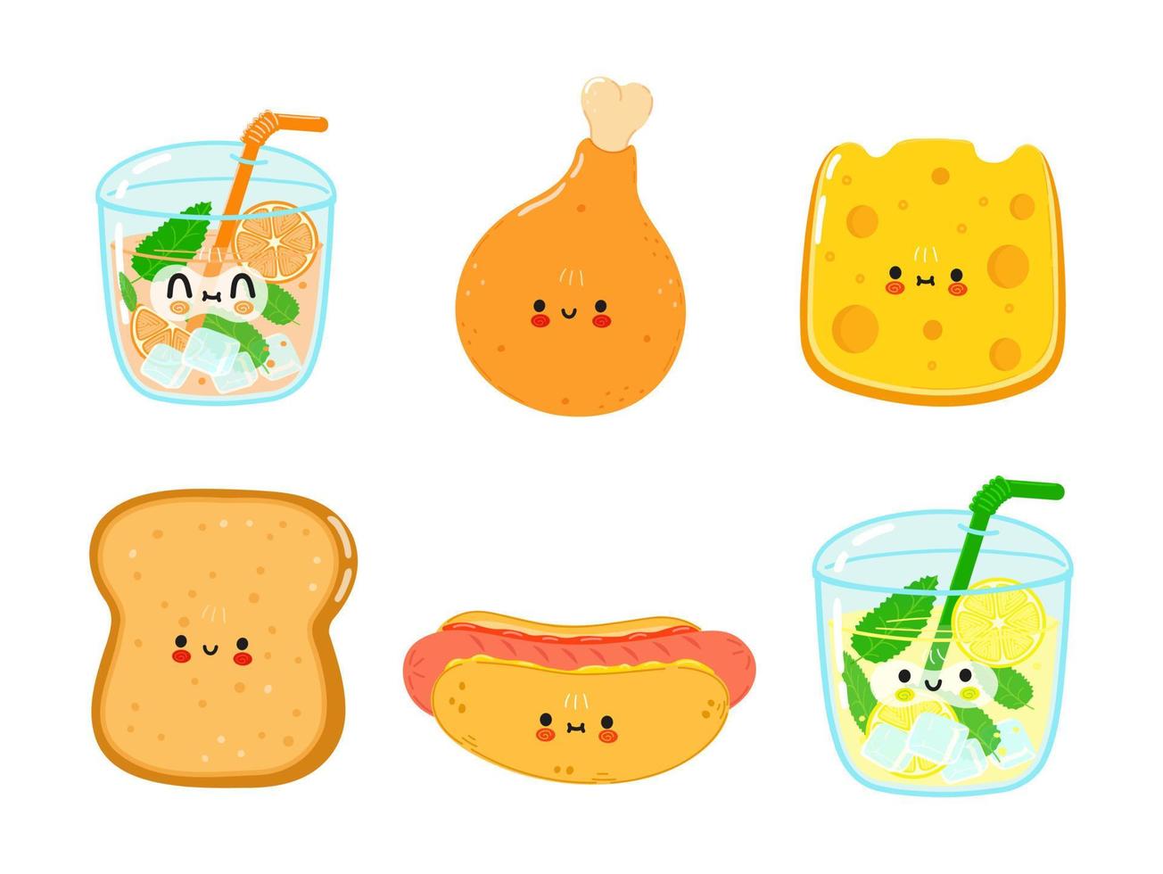 conjunto de personagens de fast food feliz engraçado. ilustração de personagem de desenho animado kawaii de mão desenhada. fundo branco isolado. linda limonada, coxa de frango, queijo, torradas, pão, cachorro-quente, suco vetor