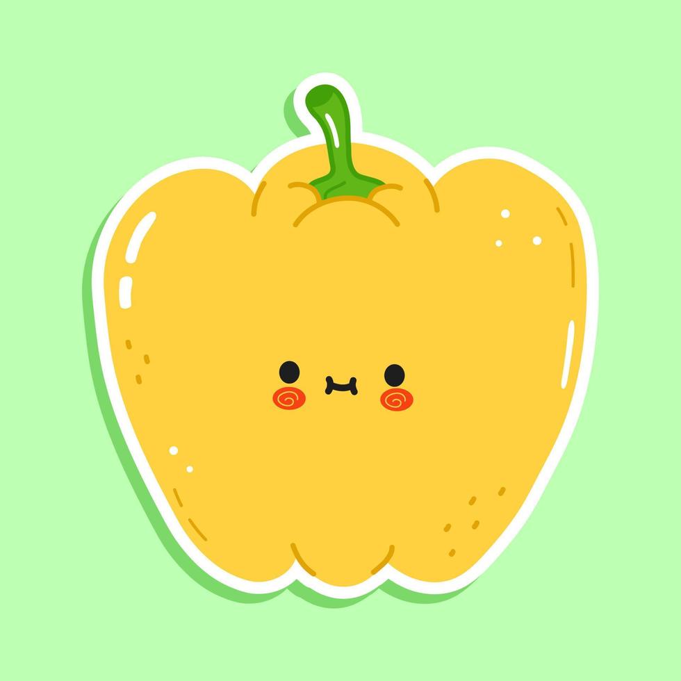 personagem de adesivo de pimentão amarelo engraçado bonito. vetor mão desenhada ícone de ilustração de personagem kawaii dos desenhos animados. isolado em fundo verde. adesivo de pimentão amarelo