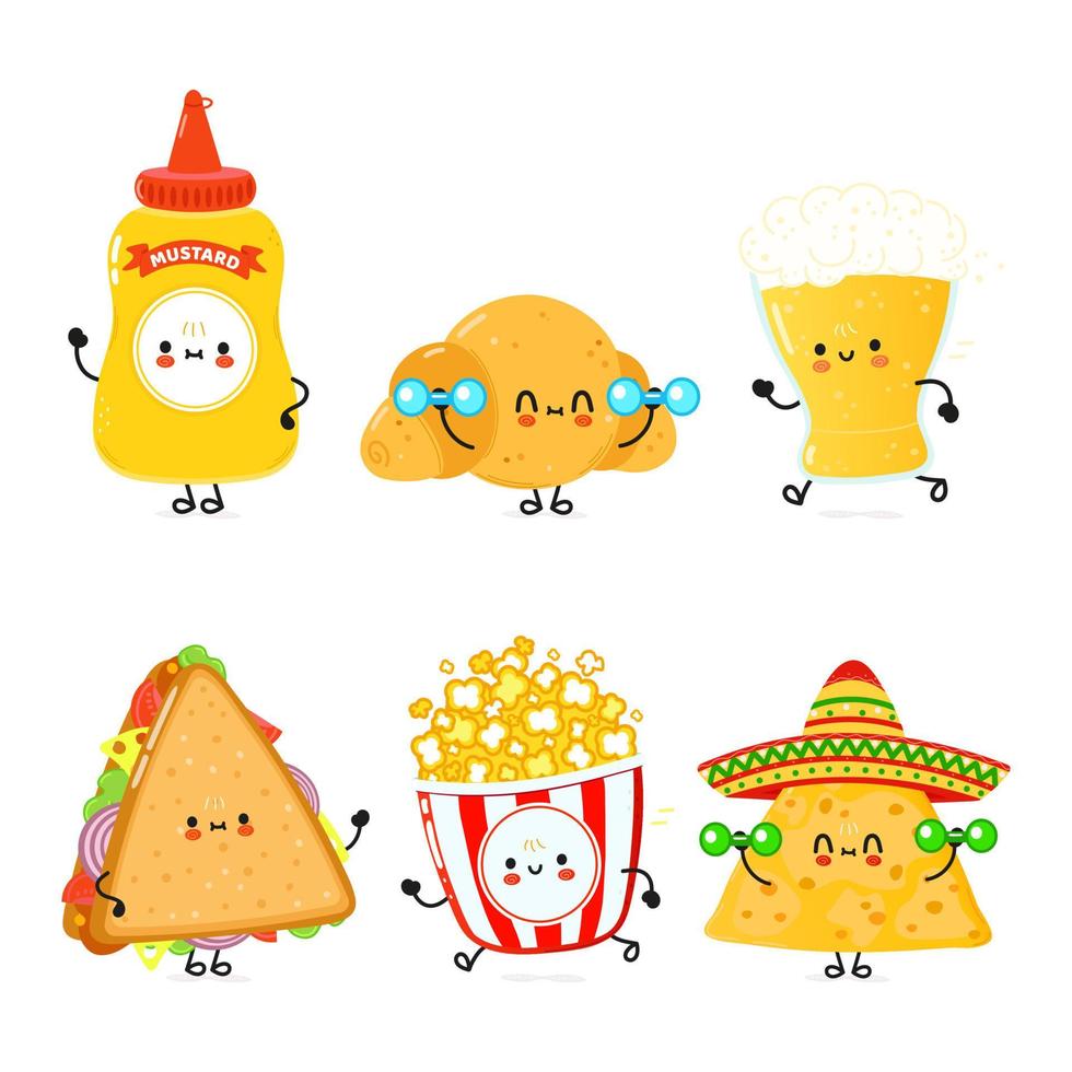 conjunto de personagens de fast food feliz engraçado. ilustração de personagem de desenho animado kawaii de mão desenhada. fundo branco isolado. mostarda fofa, croissant, cerveja, sanduíche, pipoca, nachos vetor