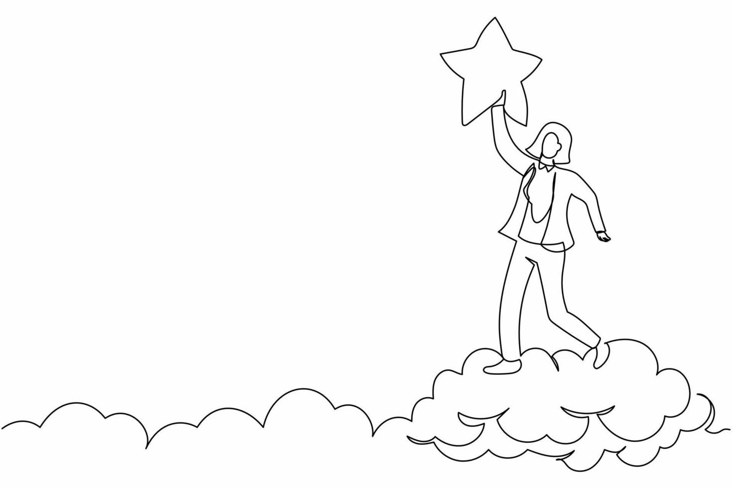 uma linha contínua desenhando uma empresária de sucesso alcançando uma estrela preciosa. recompensa de sucesso de negócios, funcionário estrela vencedora, plano de carreira, emprego dos sonhos. ilustração gráfica de vetor de desenho de linha única