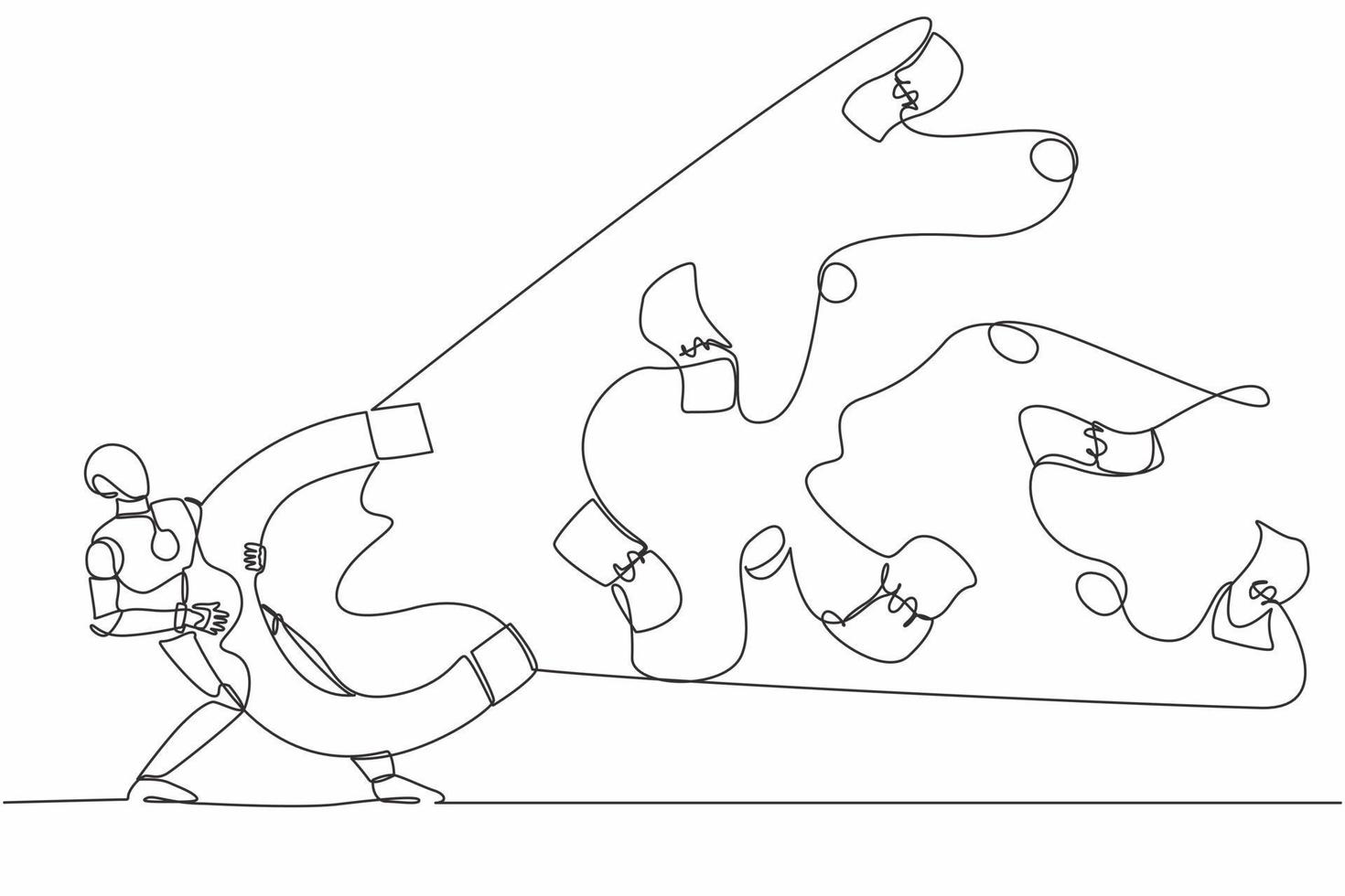 único robô de desenho de linha usando grande ímã para atrair dinheiro. desenvolvimento tecnológico futuro. inteligência artificial e aprendizado de máquina. ilustração em vetor gráfico de desenho de linha contínua