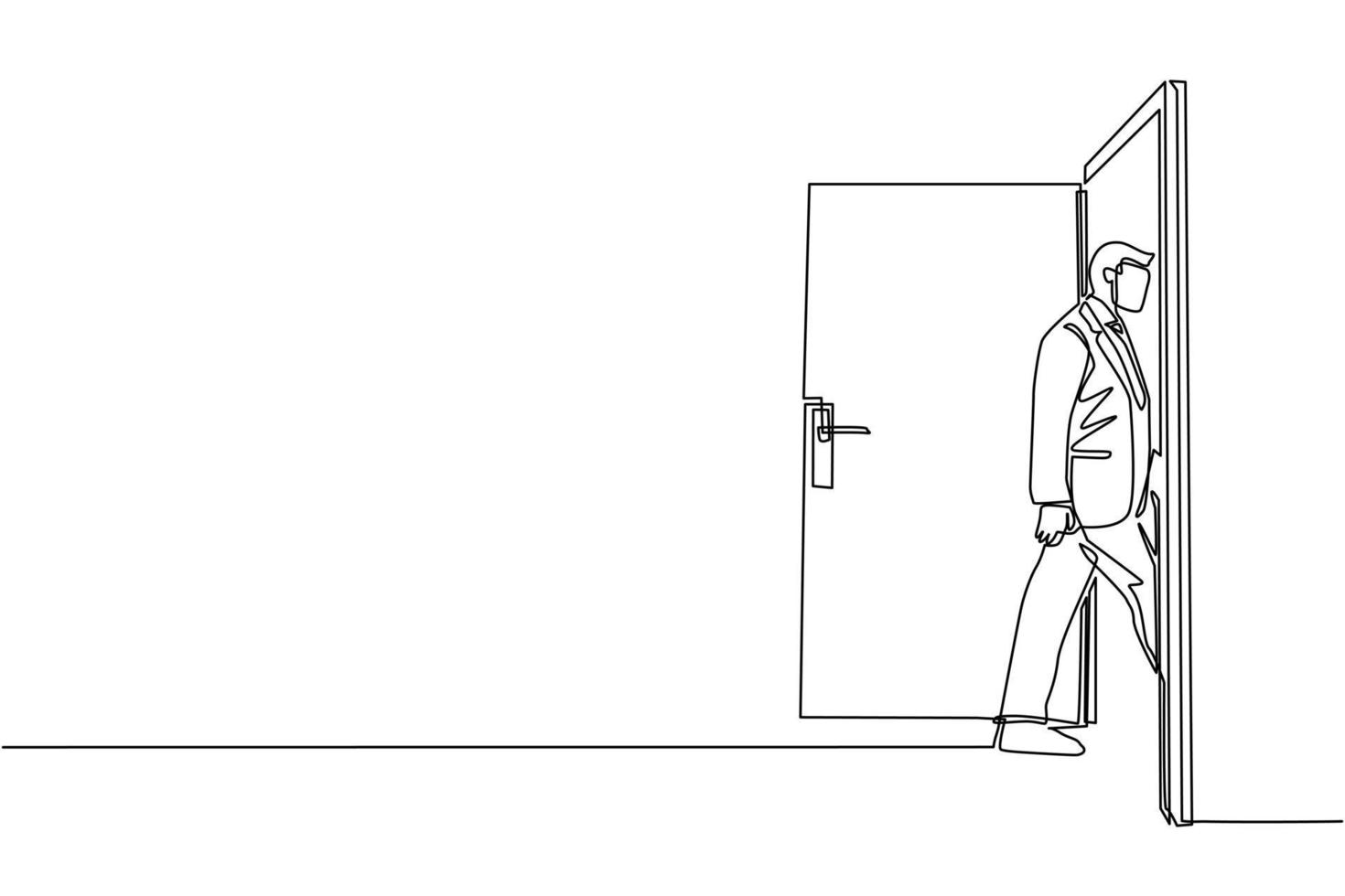 empresário de desenho de linha contínuo entra na sala pela porta. homem caminhando para a porta aberta. começando novo dia no escritório. conceito de negócios. ilustração gráfica de vetor de desenho de linha única