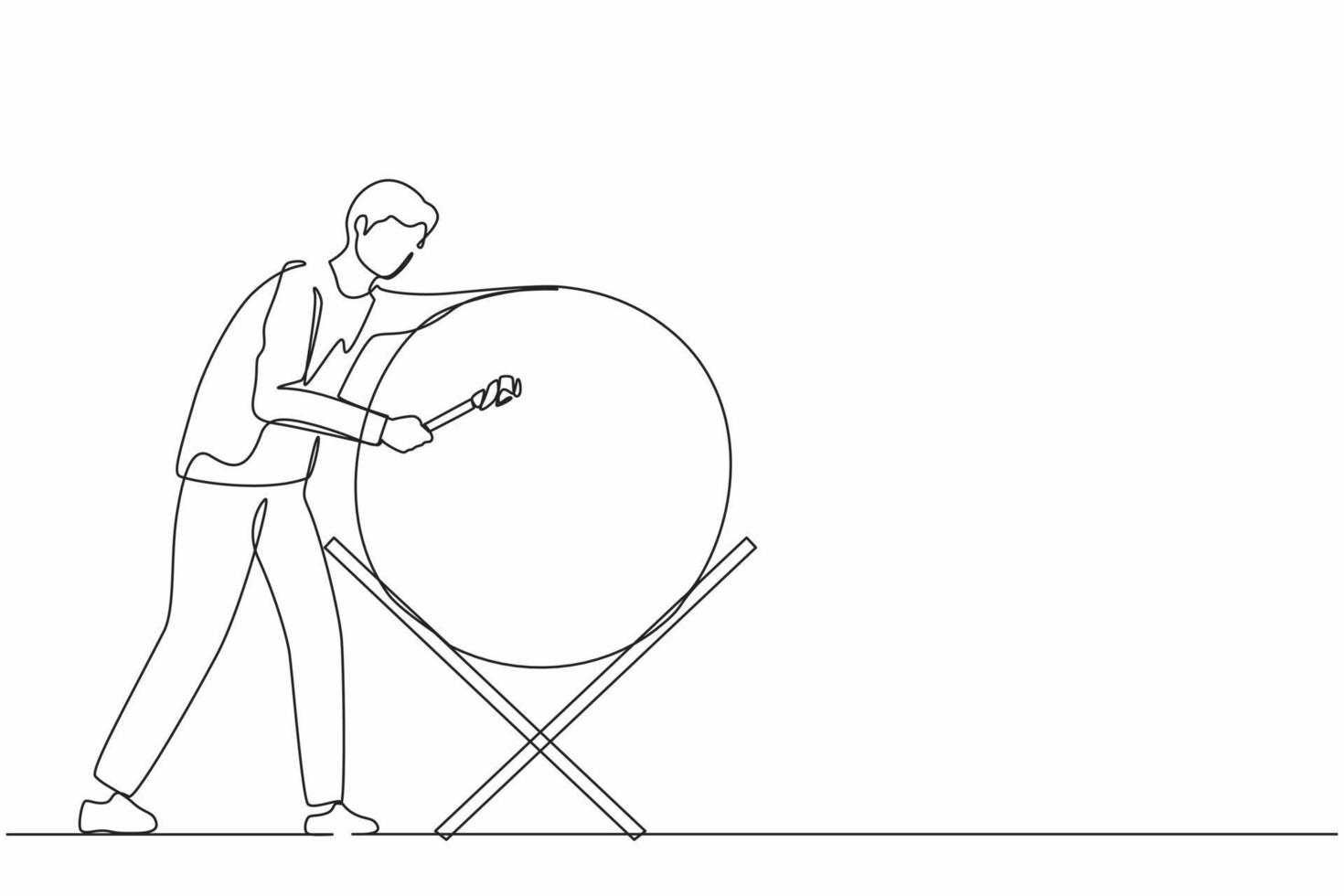 único desenho de uma linha homem feliz batendo bedug ou tambor tradicional para suhoor e iftar tempo ramadã. pessoa muçulmana chamando outras pessoas para rezar na mesquita. vetor gráfico de desenho de desenho de linha contínua