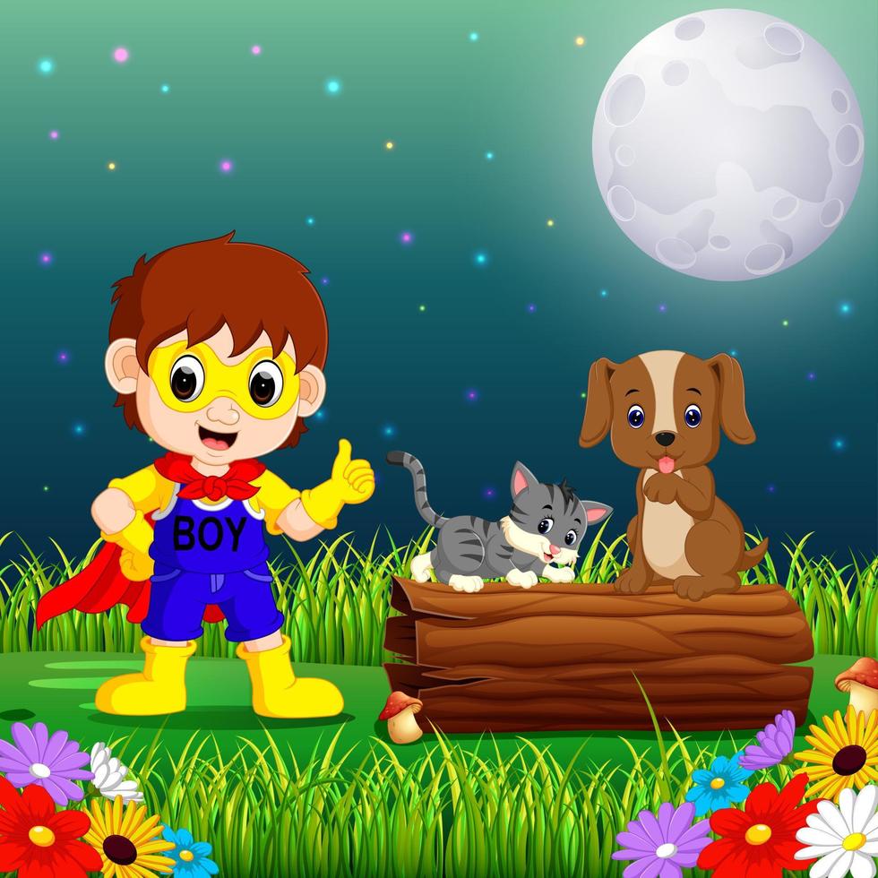 menino super-herói feliz à noite no parque com animais de estimação vetor