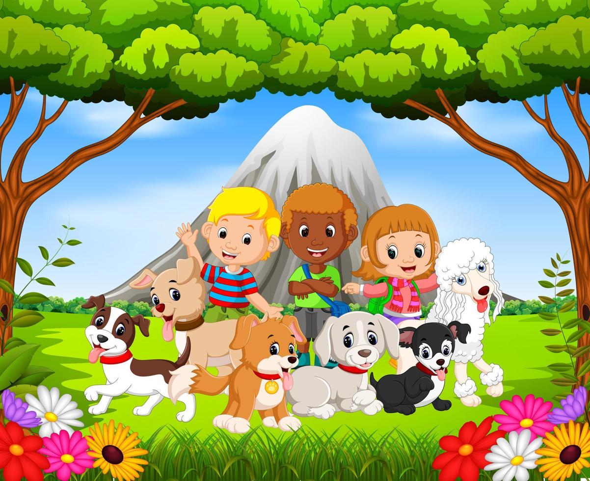 crianças e seus cães de estimação no parque com cena de montanha vetor