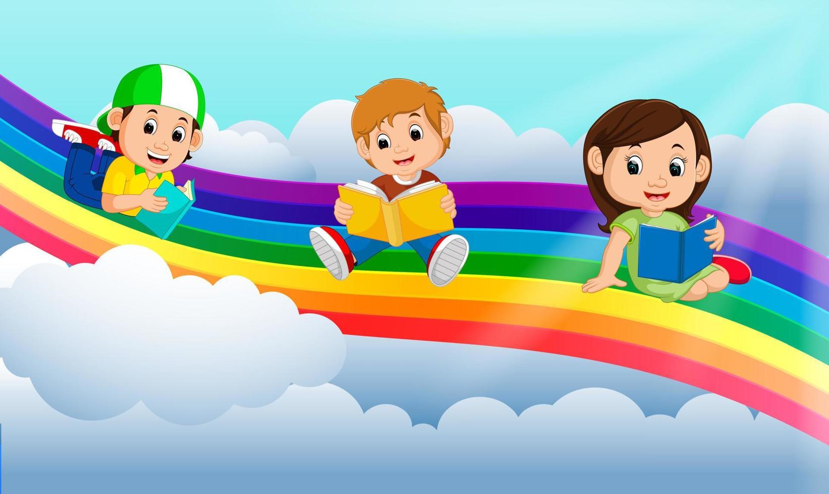 crianças felizes lendo livro sobre o arco-íris vetor