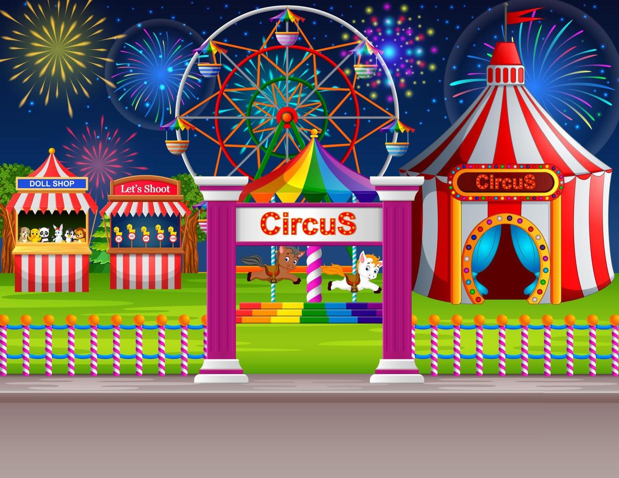 cena do parque de diversões com tenda de circo e fogos de artifício vetor