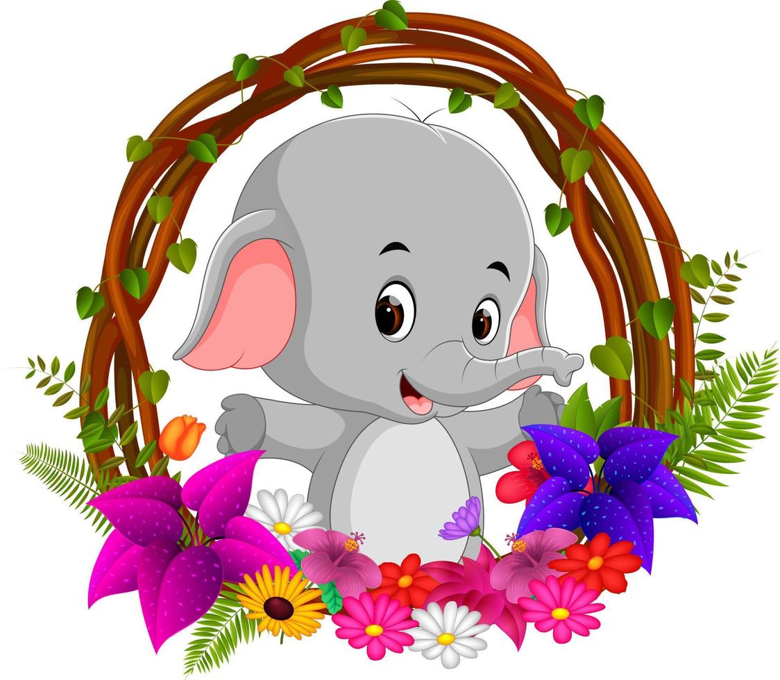 elefante fofo na raiz do quadro de árvore com flor vetor