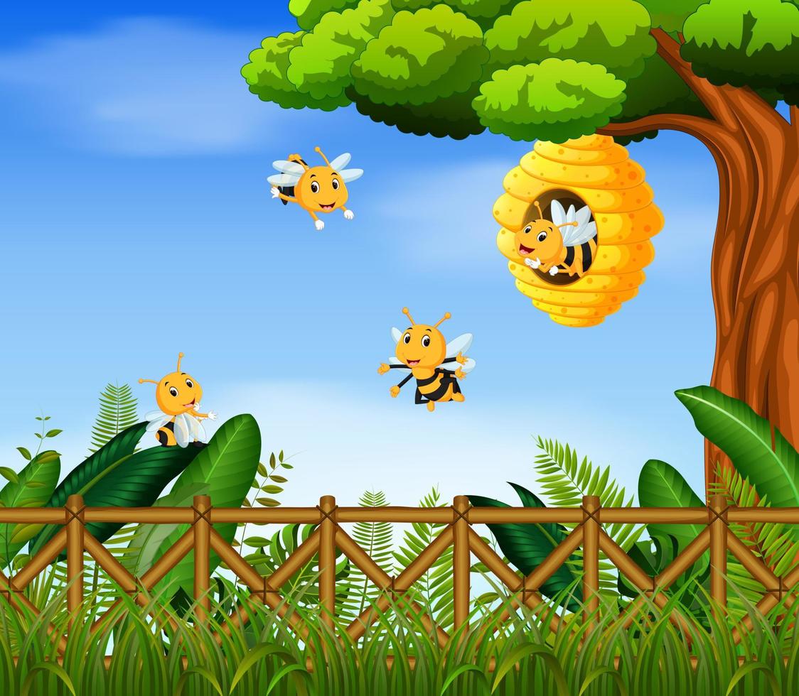 cena com abelhas voando ao redor da ilustração da colmeia vetor