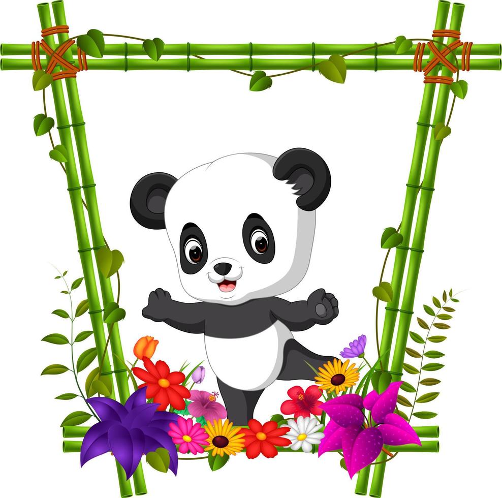 panda bonito em moldura de bambu com cena de flores vetor