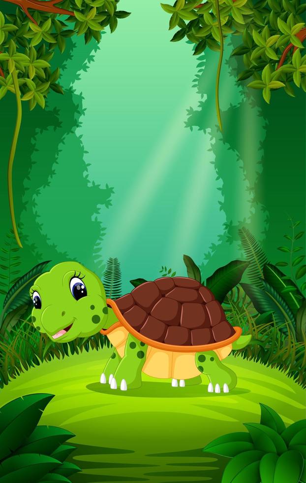 tartaruga na floresta clara e verde vetor