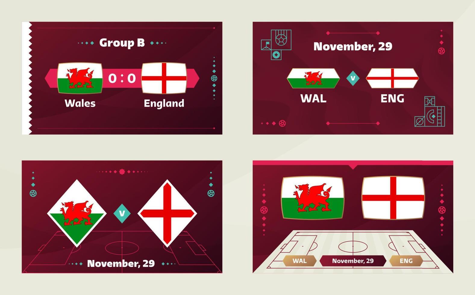 jogo de gales x inglaterra. partida do campeonato mundial de futebol 2022 contra equipes no campo de futebol. fundo de esporte de introdução, cartaz final de competição de campeonato, ilustração vetorial de estilo simples vetor