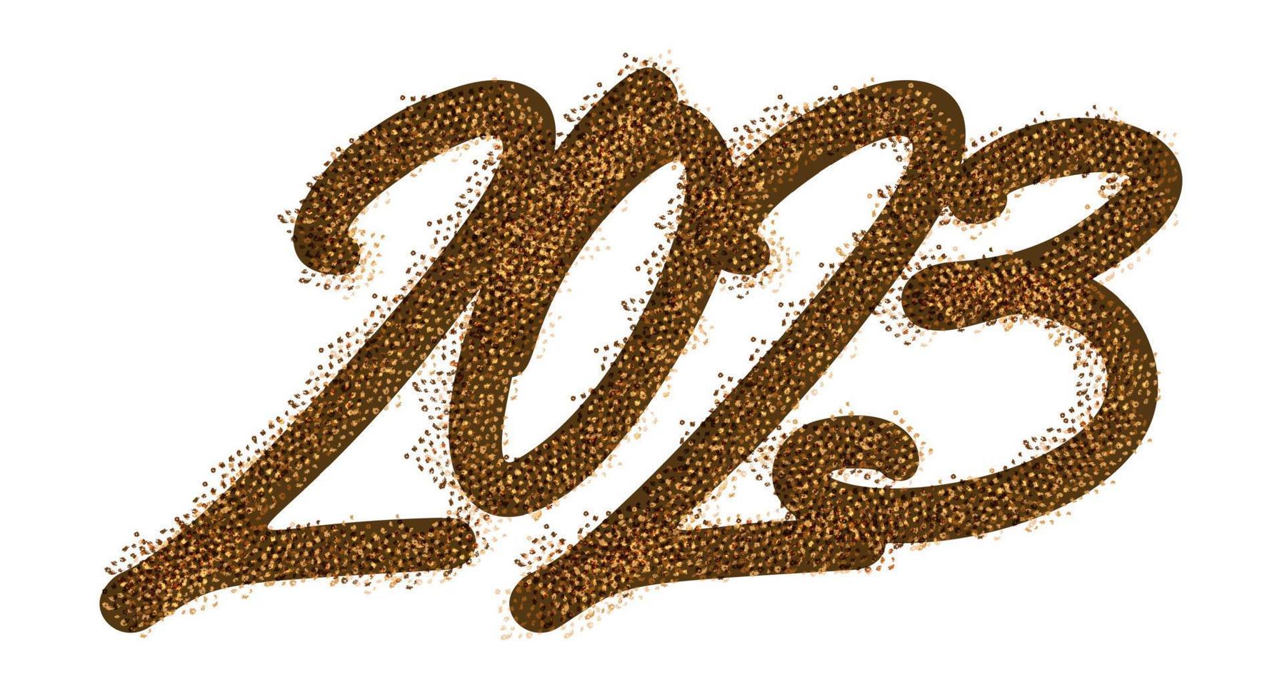 2023 feliz ano novo. texto dourado com textura de glitter dourados. impressão caligráfica manuscrita. vetor. vetor