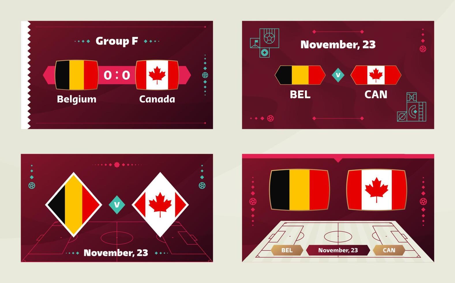 bélgica vs canadá, futebol 2022, grupo f. partida de campeonato de competição mundial de futebol contra fundo de esporte de introdução de equipes, cartaz final de competição de campeonato, ilustração vetorial. vetor