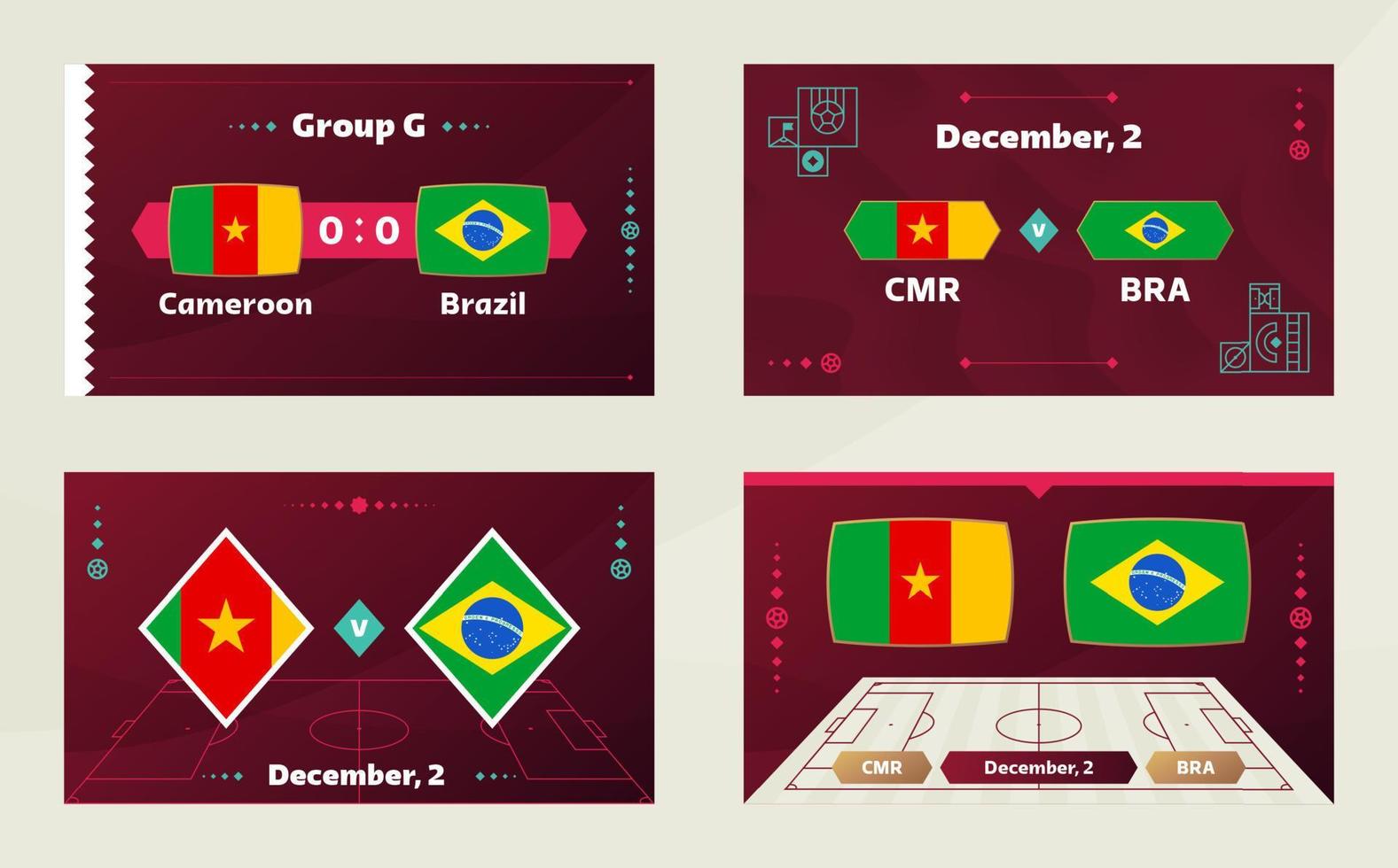 camarões x brasil, futebol 2022, grupo g. partida de campeonato de competição mundial de futebol contra fundo de esporte de introdução de equipes, cartaz final de competição de campeonato, ilustração vetorial. vetor