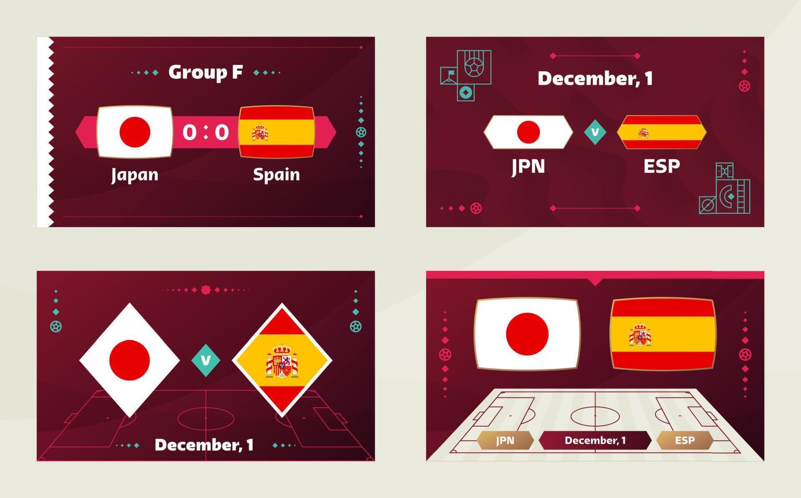 japão vs espanha, futebol 2022, grupo f. partida de campeonato de competição mundial de futebol contra fundo de esporte de introdução de equipes, cartaz final de competição de campeonato, ilustração vetorial. vetor