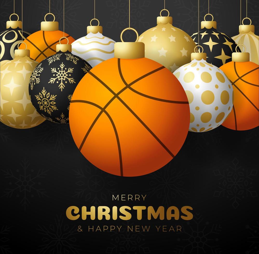 Feliz Natal e feliz ano novo cartão postal de esportes de luxo. bola de basquete como uma bola de Natal em fundo preto. ilustração vetorial. vetor