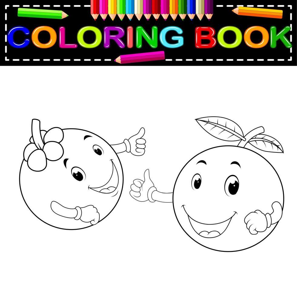 mangostão e laranja com livro de colorir de rosto vetor