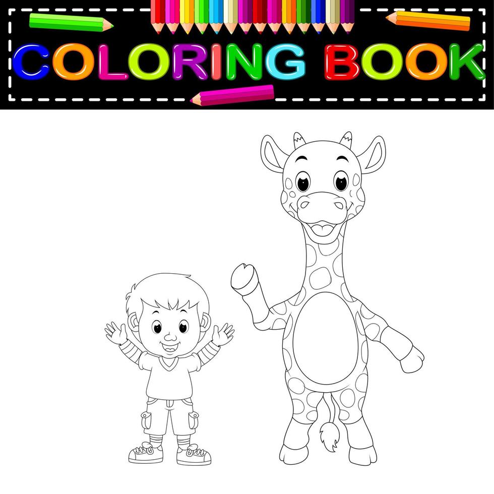 menino bonito e livro de colorir girafa vetor
