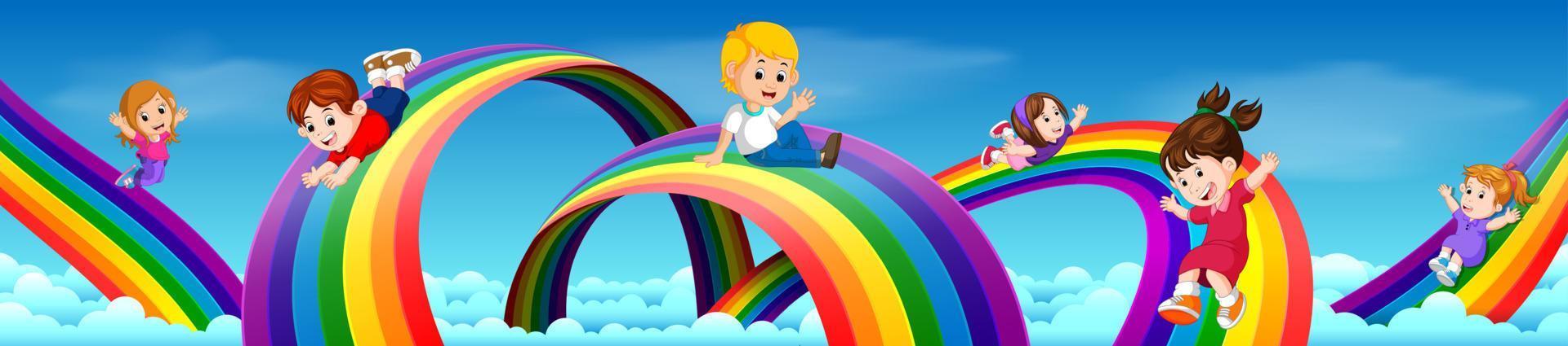 crianças dos desenhos animados deslizando pelo arco-íris vetor