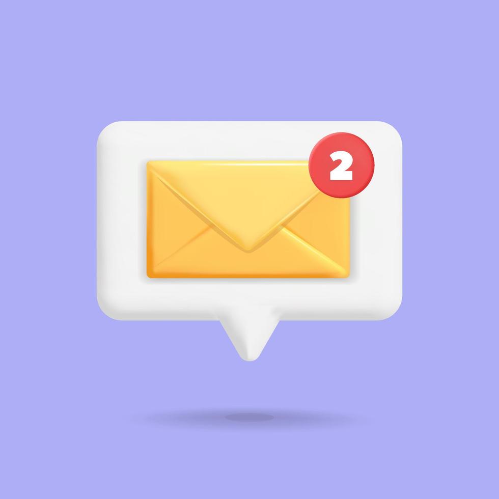 Notificação push de vetor 3D com envelope de correio amarelo novo design de ícone de mensagem de caixa de entrada