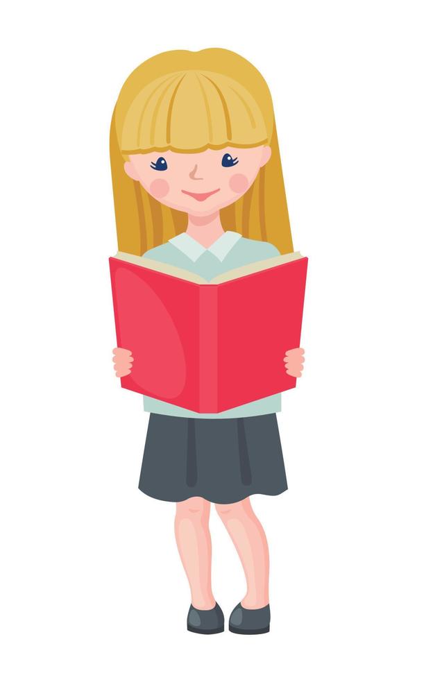 livro de leitura de personagem de menina bonita da escola isolado no fundo branco. aluno feliz em uniforme escolar. conceito de educação. ilustração vetorial. vetor