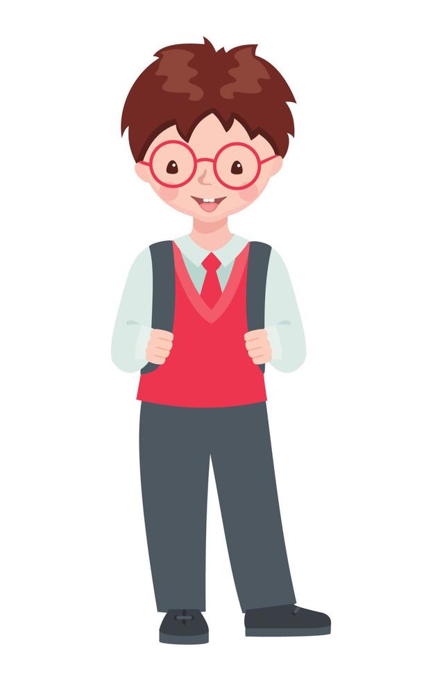 personagem de menino bonito da escola com mochila isolada no fundo branco. aluno feliz em uniforme escolar. conceito de educação. ilustração vetorial. vetor