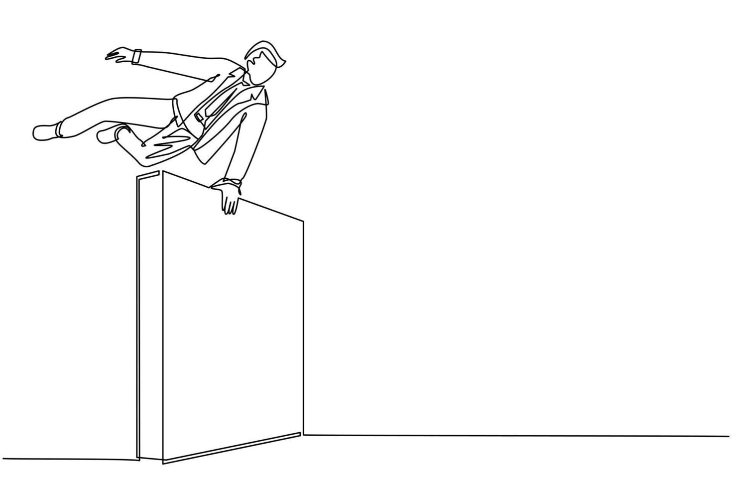 um único empresário de desenho de linha salta por cima da parede, fora da zona de conforto para obter uma nova experiência, divertida e animada. a vida começa quando tentamos coisas diferentes. vetor gráfico de desenho de desenho de linha contínua