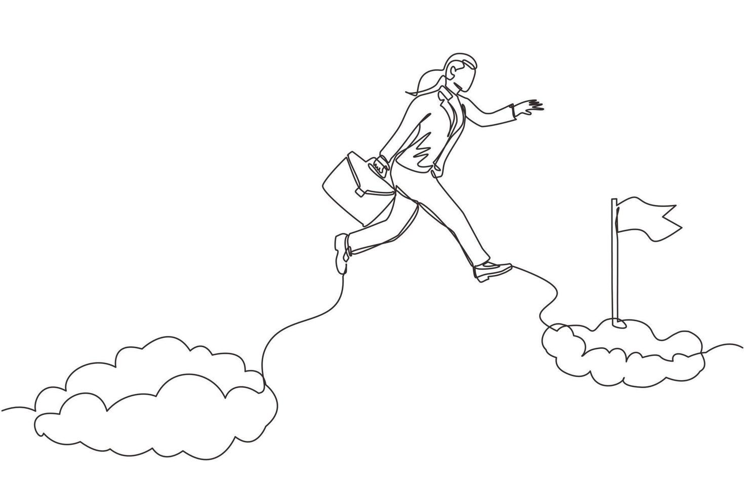 único desenho de uma linha, empresária corajosa destemida, arrisca-se saltando sobre nuvens para alcançar seu alvo ou bandeira de sucesso. desafio de sua carreira. ilustração em vetor gráfico de desenho de linha contínua