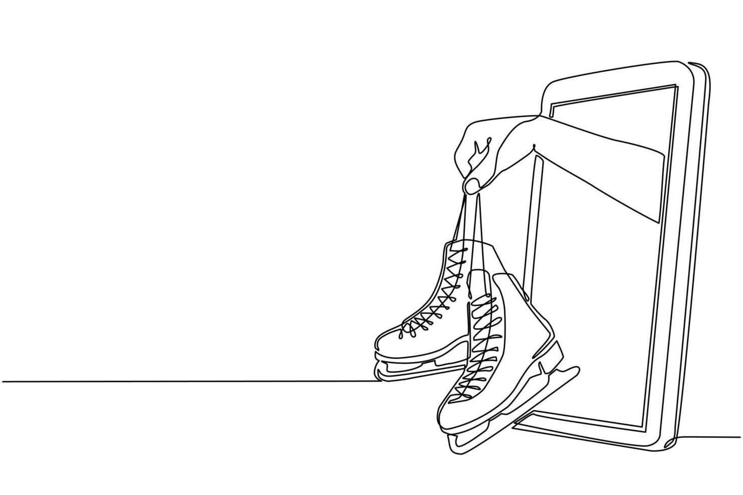 uma mão de jogador de desenho de linha contínua segura patins de gelo através do telefone celular. smartphone com aplicativo de jogos de patinação no gelo. campeonato de transmissão de esportes móveis. ilustração vetorial de desenho de linha única vetor