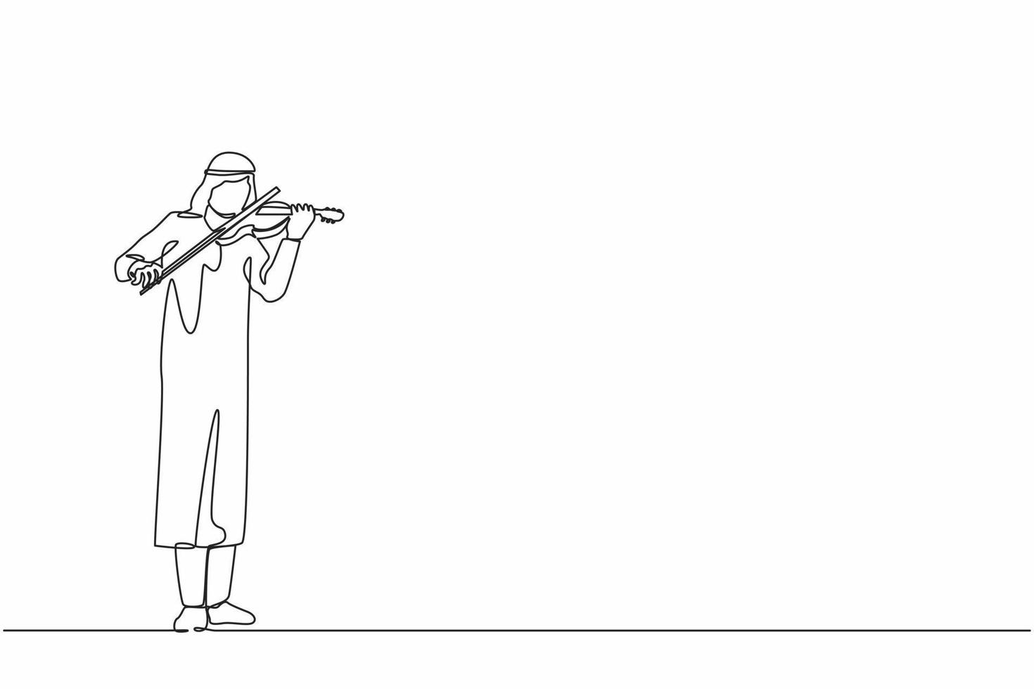 único desenho de uma linha músico de homem árabe tocando violino. artista de música clássica com instrumento musical. músico masculino tocando violino. ilustração em vetor gráfico de desenho de linha contínua