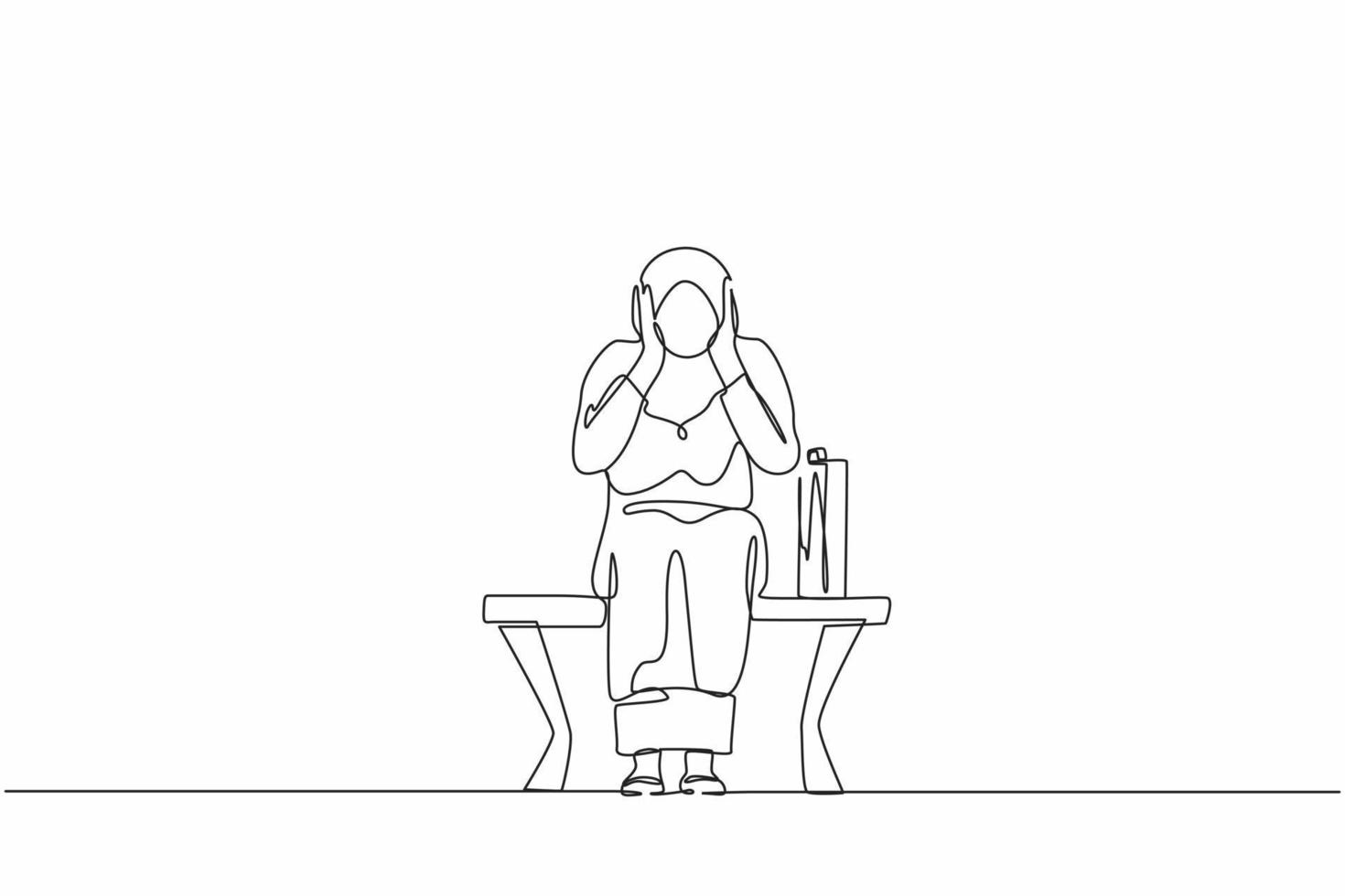 único desenho de uma linha empresária árabe triste, depressão. mulher solitária sentada no banco do parque. personagem feminina jovem segurando a cabeça dela. conceito de falha. gráfico de vetor de design de desenho de linha contínua