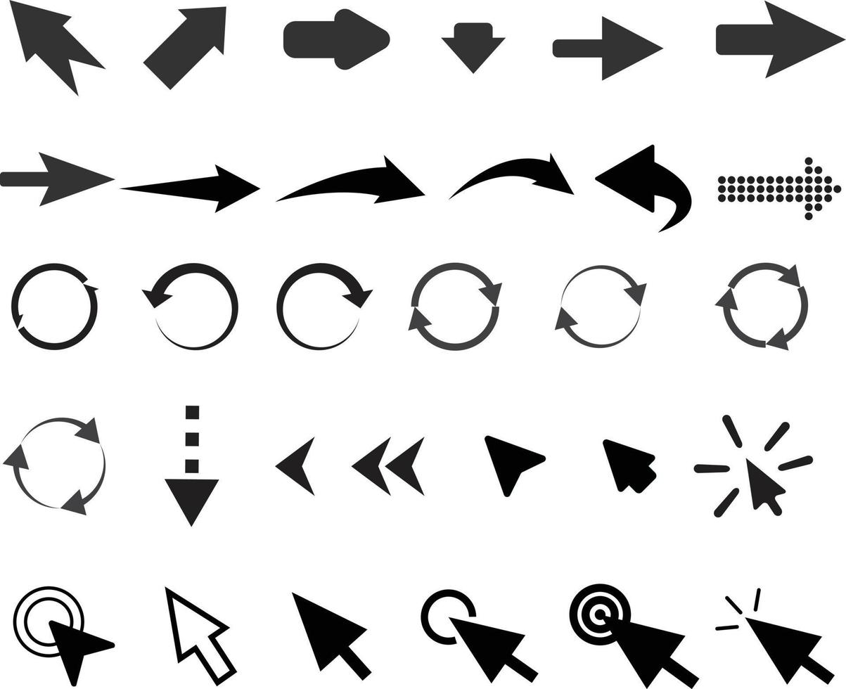 conjunto de ícone de coleção de flechas em fundo branco. coleção de ícone de seta. sinal de cursor e setas. vetor