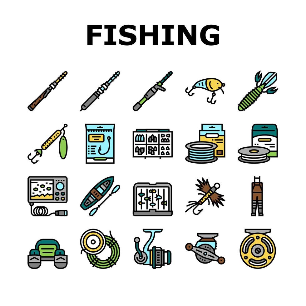 vetor de conjunto de ícones de coleção de produtos de loja de pesca