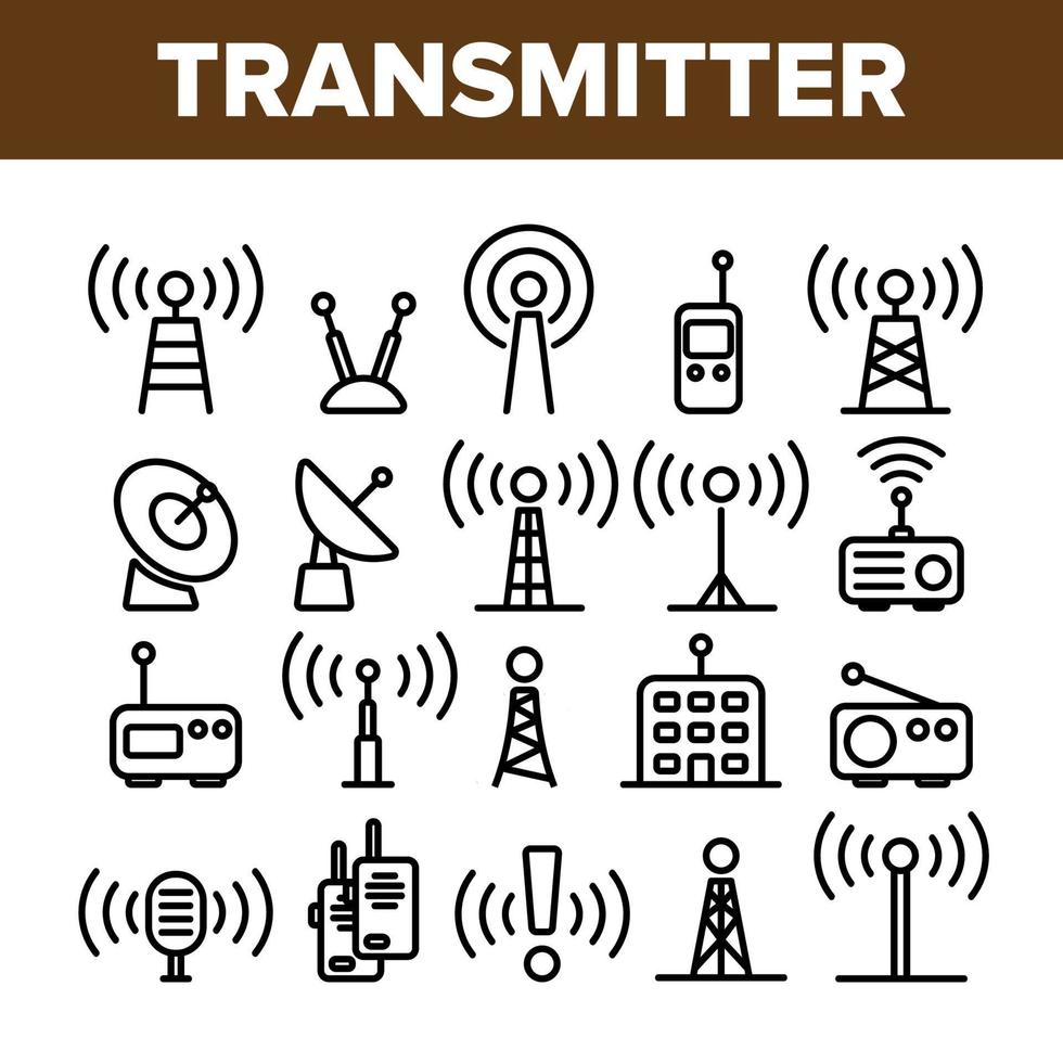 transmissor, conjunto de ícones de vetor linear de torre de rádio